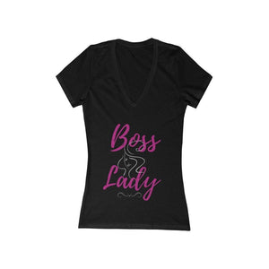 Boss Lady Women's Jersey Short Sleeve Deep V-Neck Black Tee - Munchkin Place Shop 