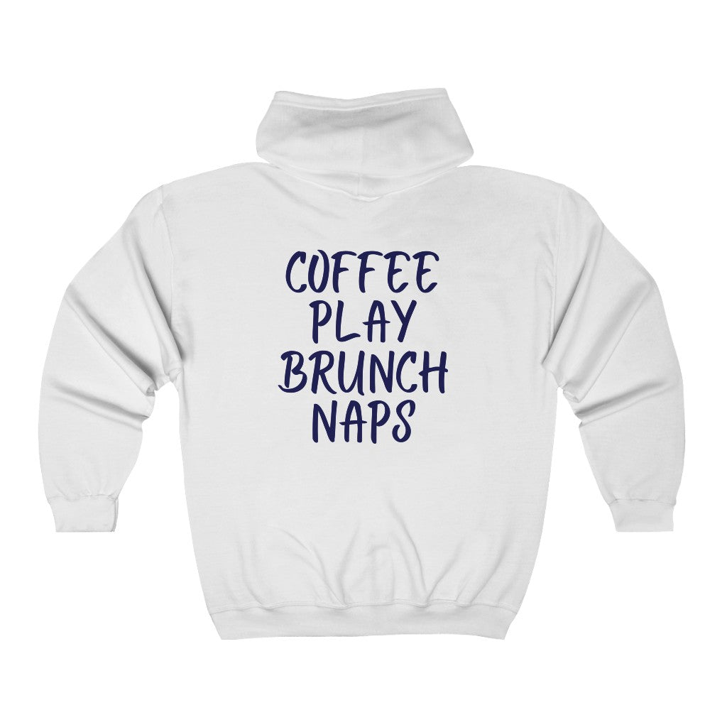 #MomLife Coffee Play Brunch Naps Full Zip Hooded Sweatshirt in White