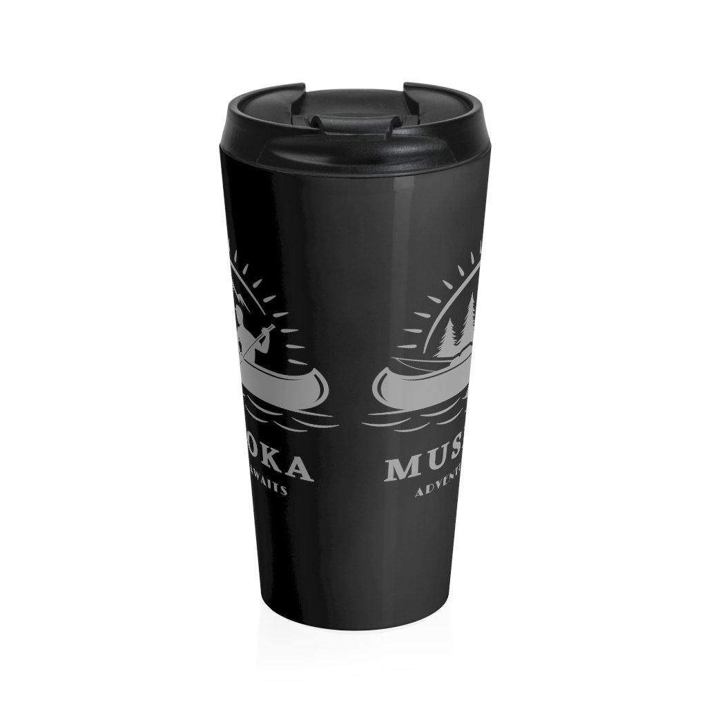 Muskoka Adventure Awaits Black and Gray Stainless Steel Travel Mug - Munchkin Place Shop 