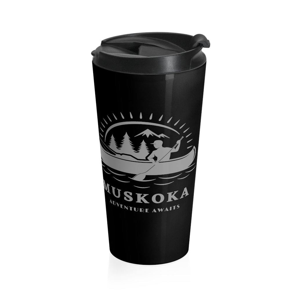 Muskoka Adventure Awaits Black and Gray Stainless Steel Travel Mug - Munchkin Place Shop 
