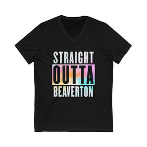 Straight Outta Beaverton Rainbow Unisex Jersey Short Sleeve V-Neck Tee - Munchkin Place Shop 