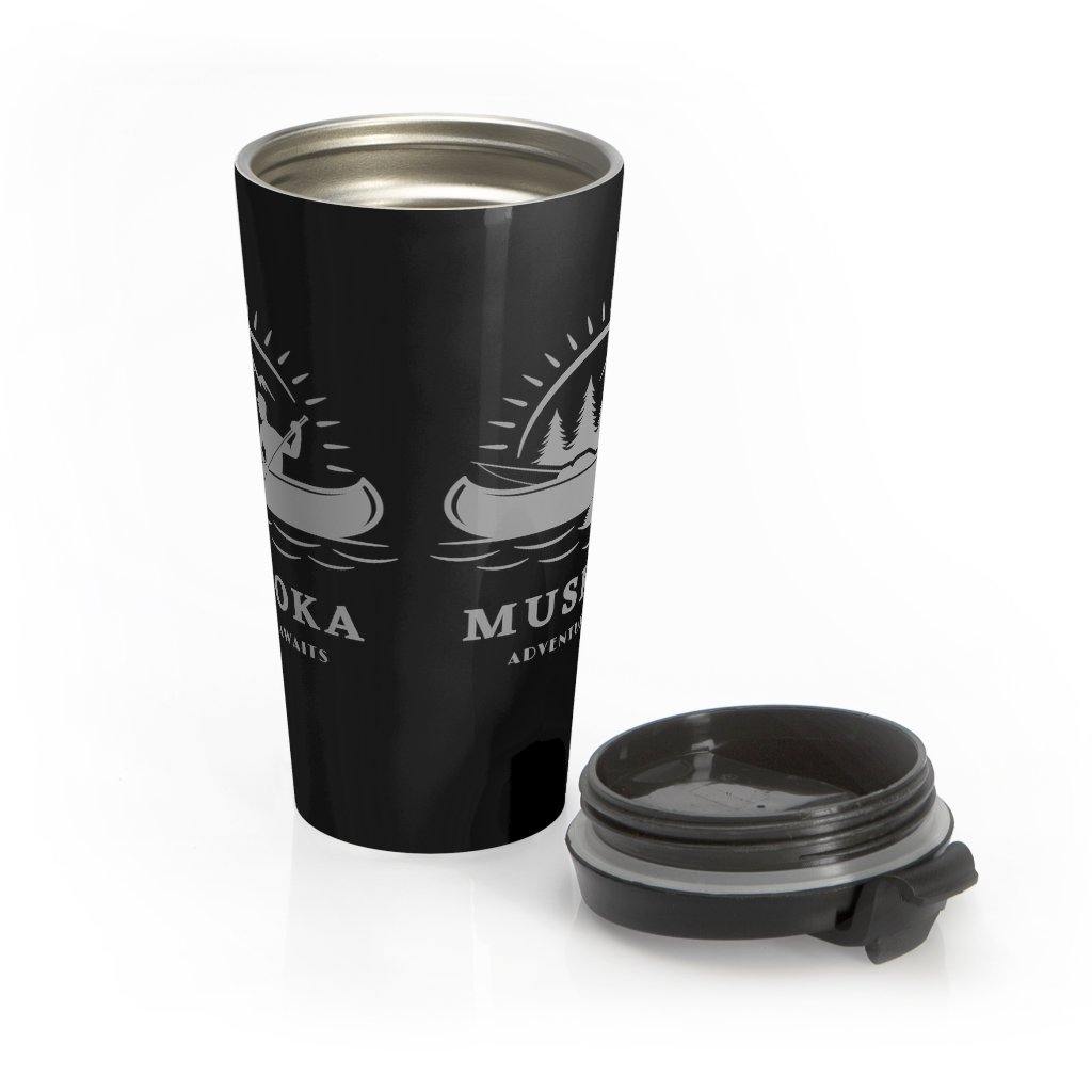 Muskoka Adventure Awaits Black and Gray Stainless Steel Travel Mug - Munchkin Place Shop 