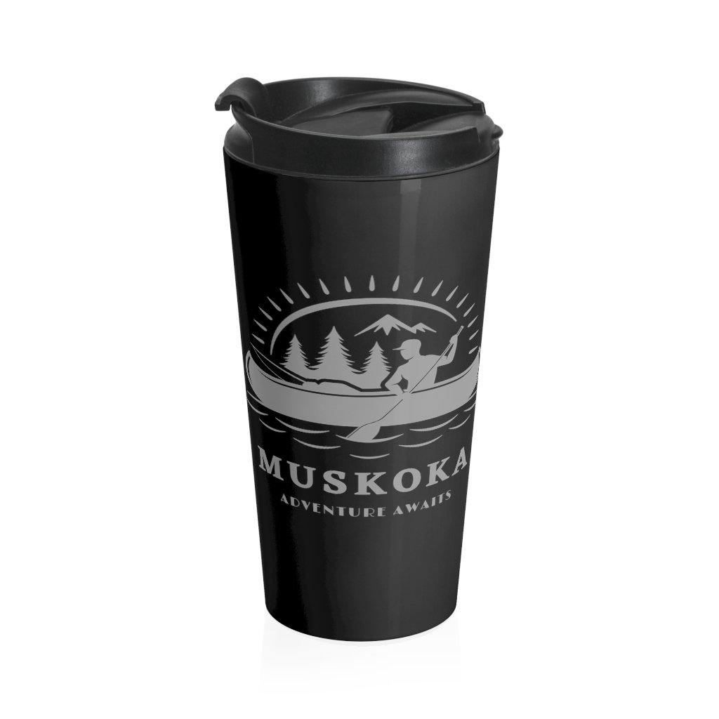 Muskoka Adventure Awaits Black and Gray Stainless Steel Travel Mug - Munchkin Place Shop 
